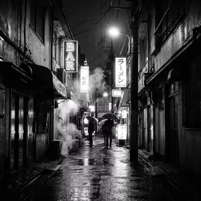Gritty Japanese alleyway at night with neon reflections