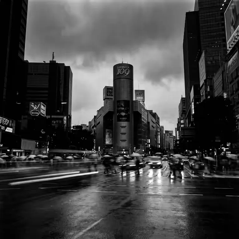 Shibuya crossing with motion blur and skyscrapers