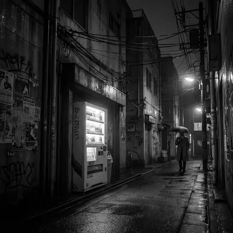 Lone vending machine in a dark urban corner