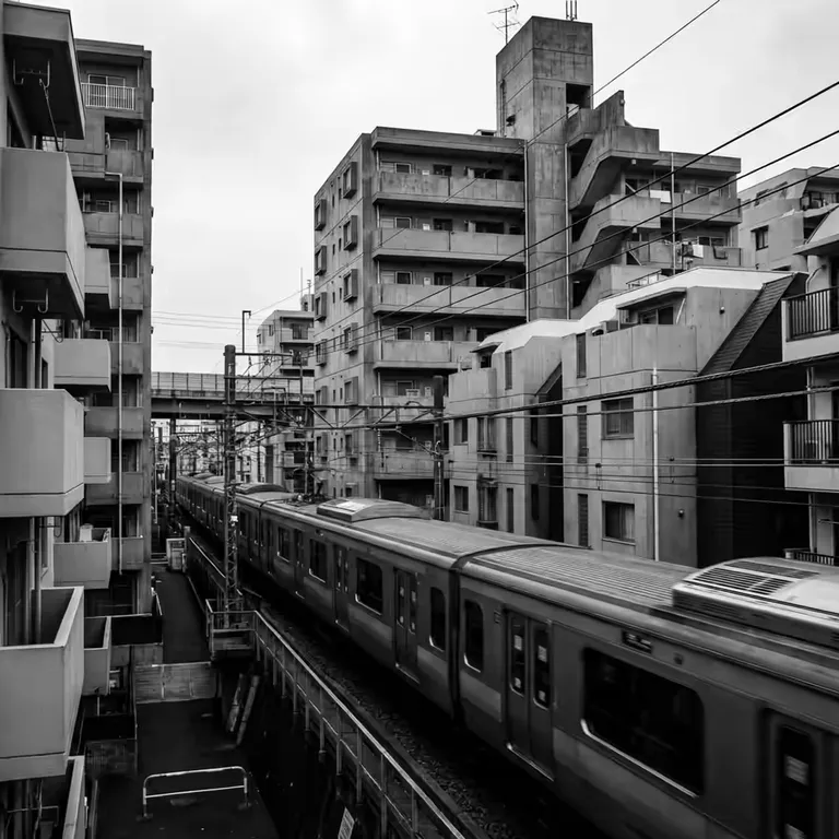 Train passing through dense Japanese urban housing