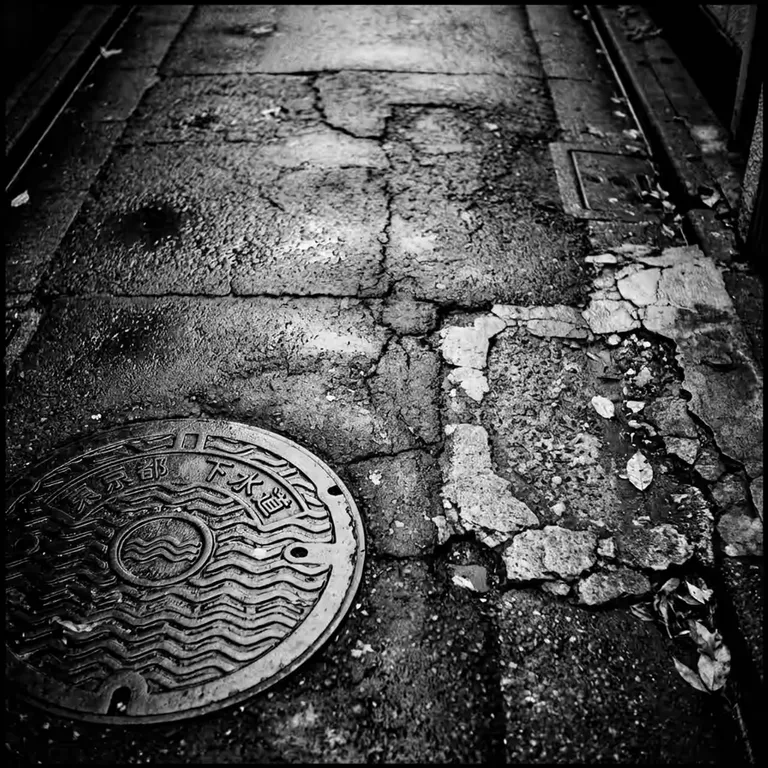 Textured asphalt and manhole cover in Tokyo